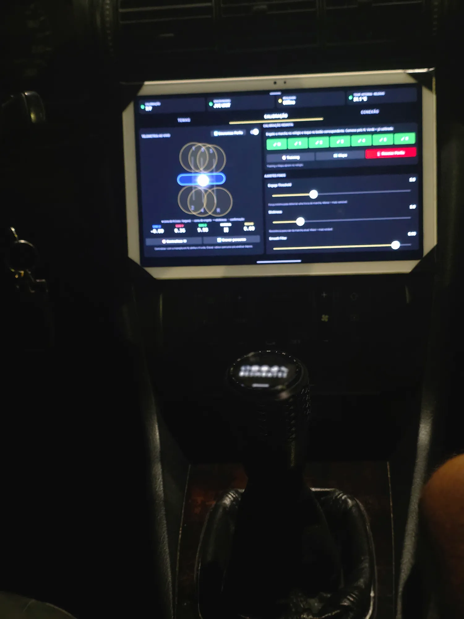 Tablet on the Audi A4 B5 dashboard showing the app's telemetry with the new digital shift knob installed